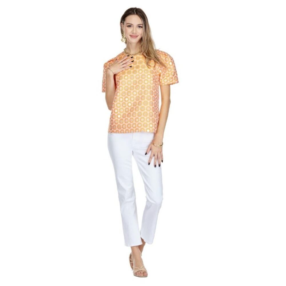 NWT Joy Joy Orange Daisy Gold Metallic Short Sleeve Zip Back Top Womens XS